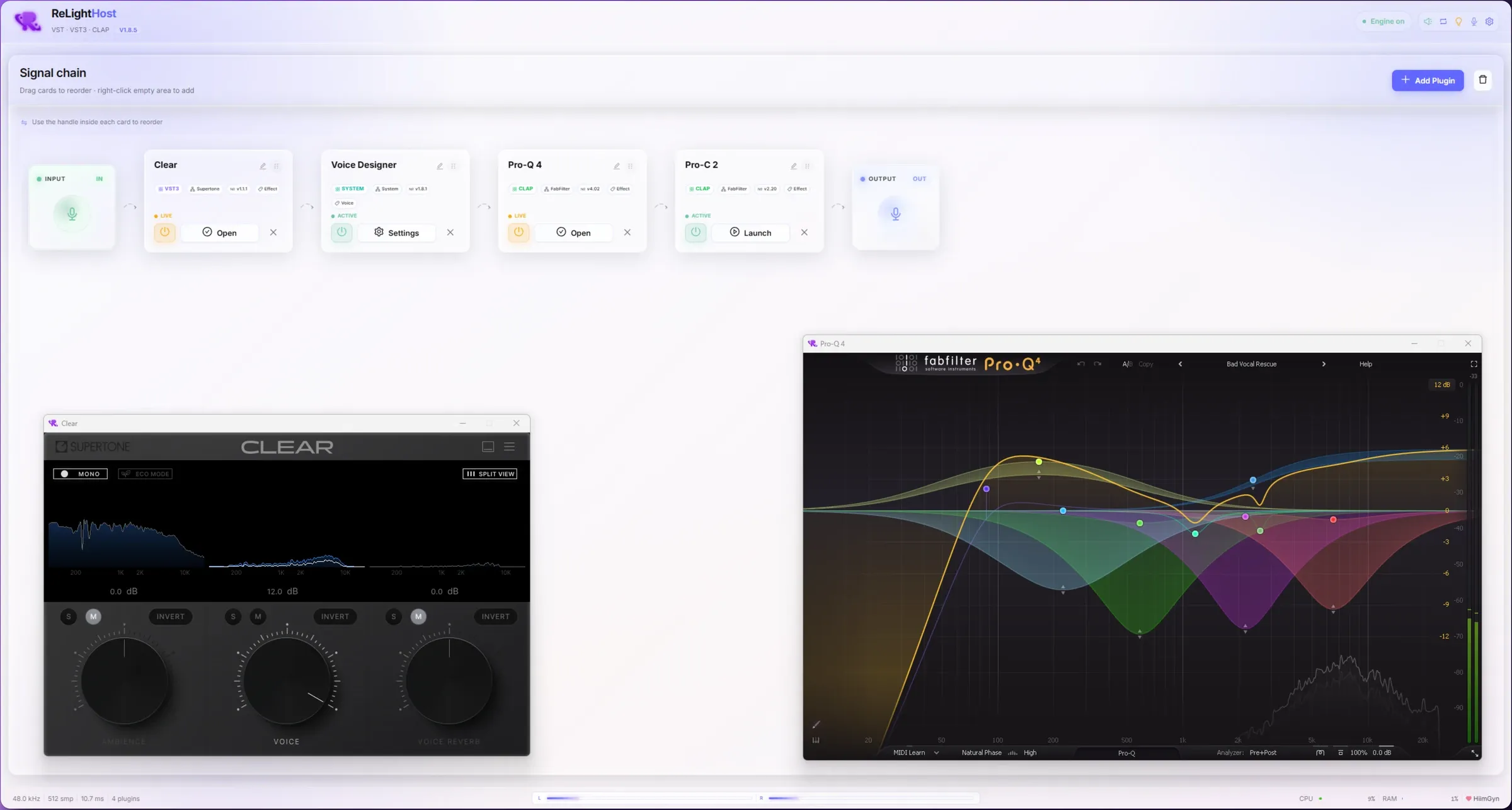 ReLightHost main window with a signal chain and two native plugin editors open